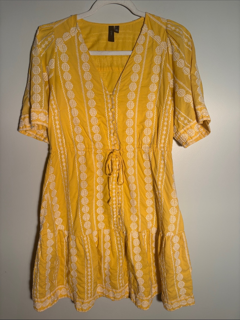 Yellow Embroidered V-Neck Tie-Waist Midi Dress